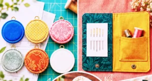 Colorful fabric scrap organizers, rolls, and cases made from upholstery fabric displayed creatively.