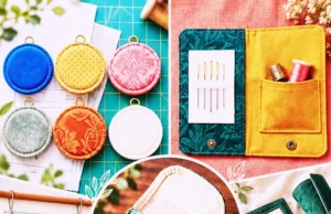 Colorful fabric scrap organizers, rolls, and cases made from upholstery fabric displayed creatively.