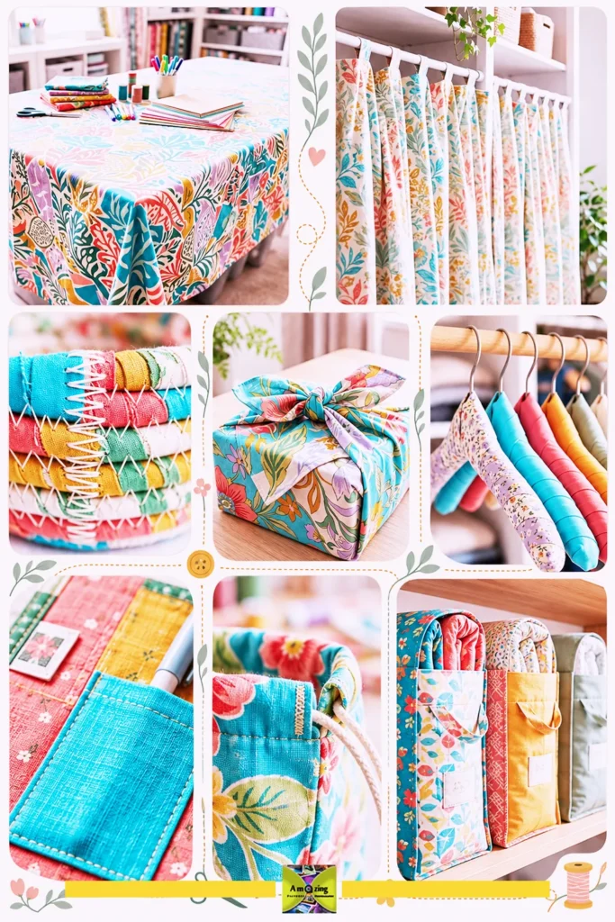 Various colorful DIY home items made from repurposed bed sheets, including tablecloths, curtains, baskets, and organizers.