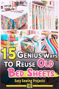 Collage of creative DIY projects made from colorful old bed sheets, including tablecloths, curtains, and fabric baskets.