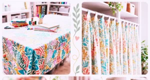 Collage of creative DIY projects made from colorful old bed sheets, including tablecloths, curtains, and fabric baskets.