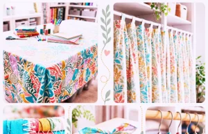 Collage of creative DIY projects made from colorful old bed sheets, including tablecloths, curtains, and fabric baskets.
