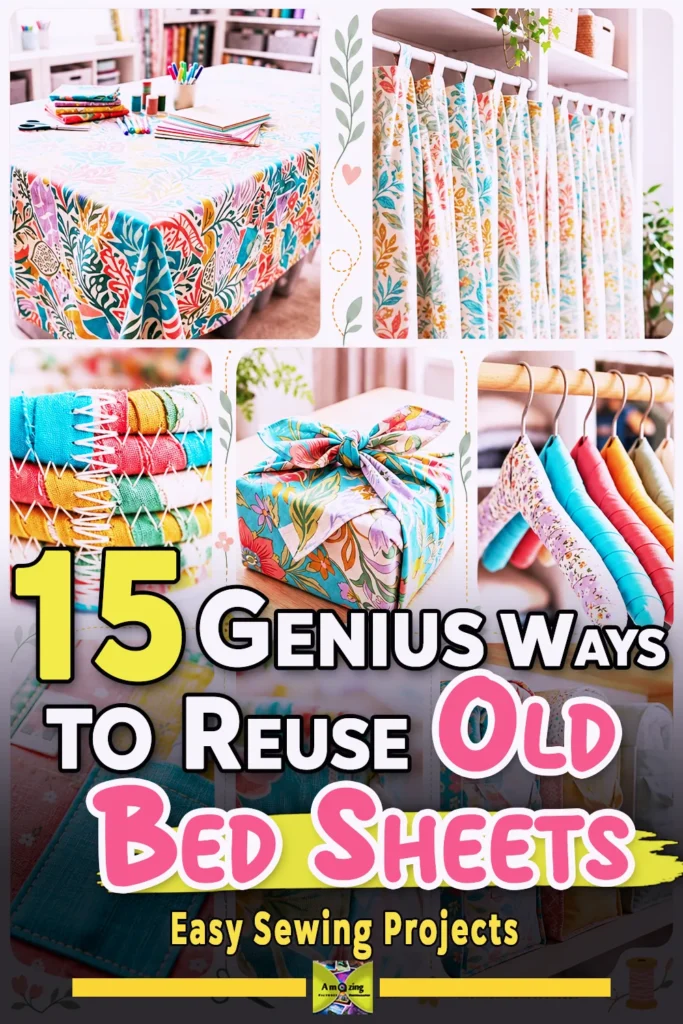 Collage of creative DIY projects made from colorful old bed sheets, including tablecloths, curtains, and fabric baskets.