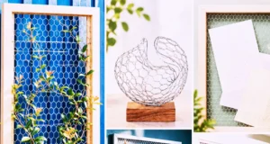 Collage of DIY crafts and organizers made from chicken wire, including frames and decorative holders.