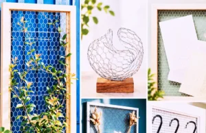 Collage of DIY crafts and organizers made from chicken wire, including frames and decorative holders.