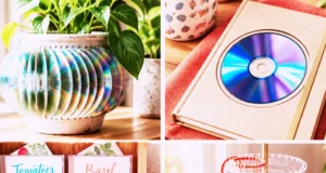 Collage of creative crafts made from old CDs, including planters, organizers, and jewelry stands.
