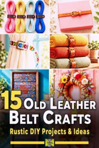 Collage of creative crafts made from old leather belts, including curtain ties, towel holders, and a floral wreath.