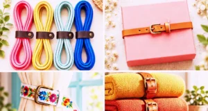 Collage of creative crafts made from old leather belts, including curtain ties, towel holders, and a floral wreath.