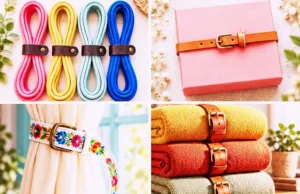 Collage of creative crafts made from old leather belts, including curtain ties, towel holders, and a floral wreath.