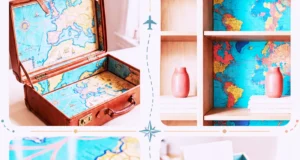 Collage of DIY organizers and decor made using old maps, including boxes, shelves, and a suitcase.