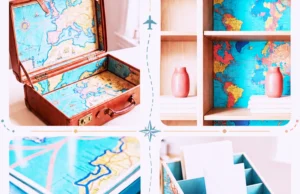 Collage of DIY organizers and decor made using old maps, including boxes, shelves, and a suitcase.