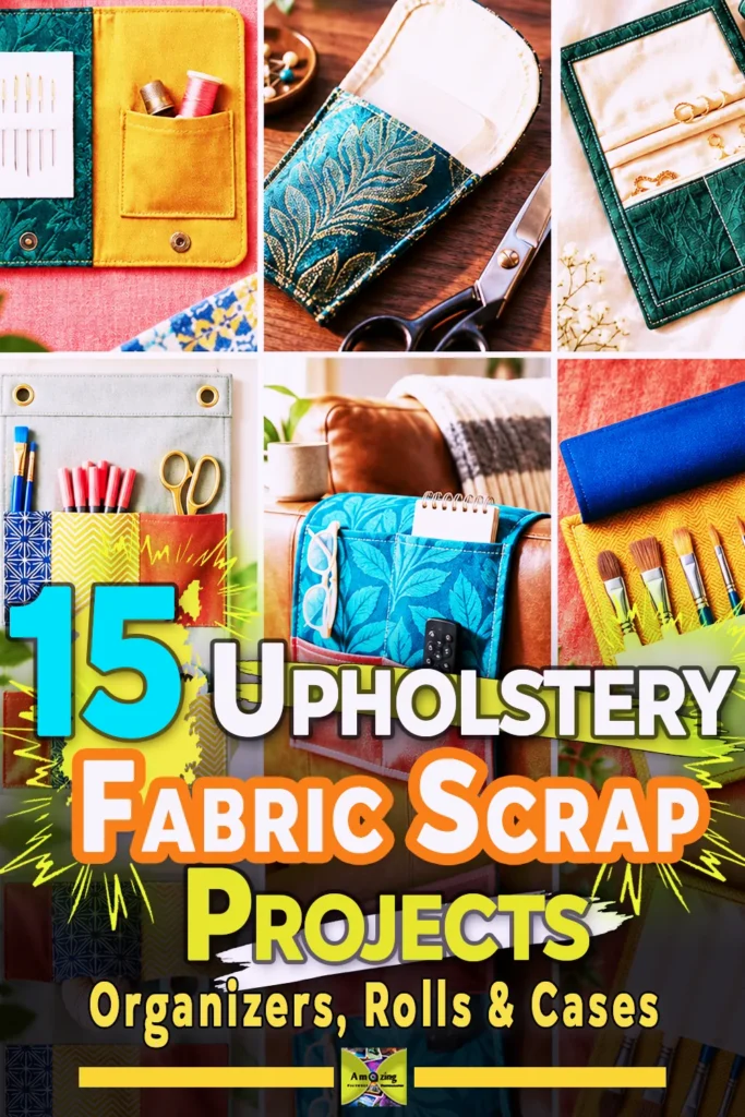 Collage of colorful handmade fabric organizers, rolls, and cases made from upholstery scraps.