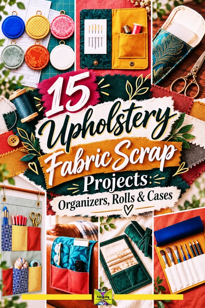 Colorful collage of DIY fabric scrap projects including organizers, rolls, and cases made from upholstery fabric.