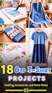 Collage of DIY projects made from old t-shirts, including an apron, mop cover, oven mitt, hair towel, and dress.