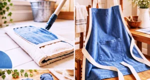 Collage of DIY projects made from old t-shirts, including an apron, mop cover, oven mitt, hair towel, and dress.