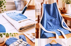 Collage of DIY projects made from old t-shirts, including an apron, mop cover, oven mitt, hair towel, and dress.