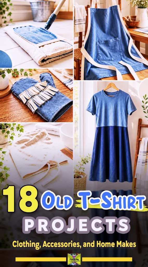 Collage of DIY projects made from old t-shirts, including an apron, mop cover, oven mitt, hair towel, and dress.