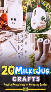Collage of milk jug crafts including a ghost, bird feeder, snowflake, boot shapers, and paint tray.