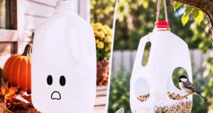 Collage of milk jug crafts including a ghost, bird feeder, snowflake, boot shapers, and paint tray.