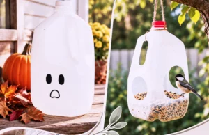 Collage of milk jug crafts including a ghost, bird feeder, snowflake, boot shapers, and paint tray.