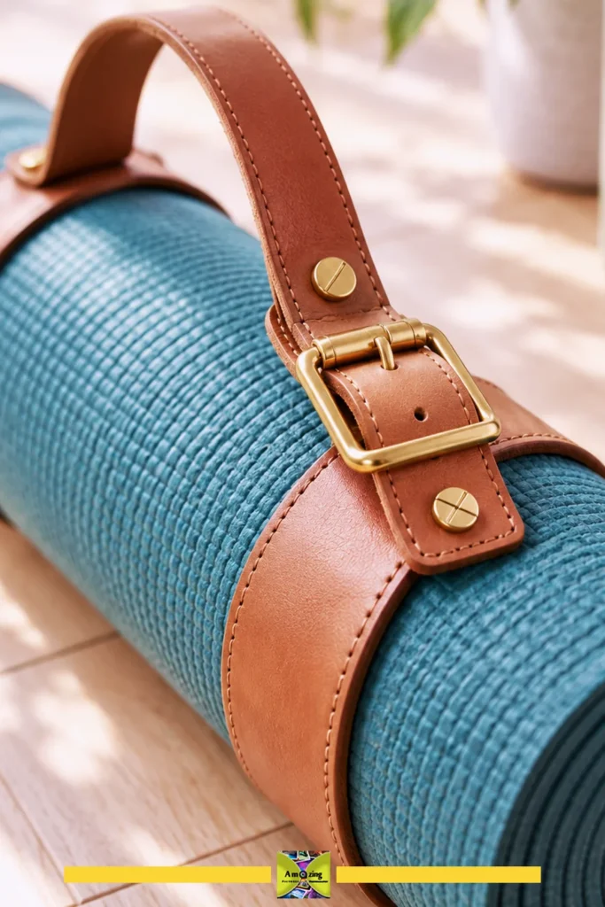 Close-up of a blue exercise mat with a brown adjustable leather carrier strap and gold buckle.