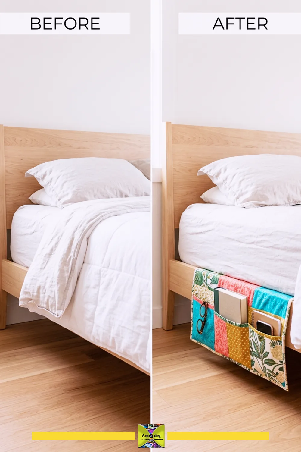 Side-by-side comparison of a bed before and after adding a colorful bedside organizer.