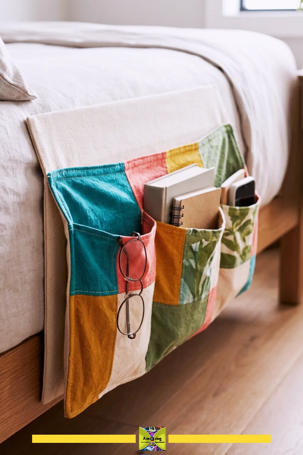 Patchwork bedside organizer hanging on a bed, holding books, glasses, and a phone.