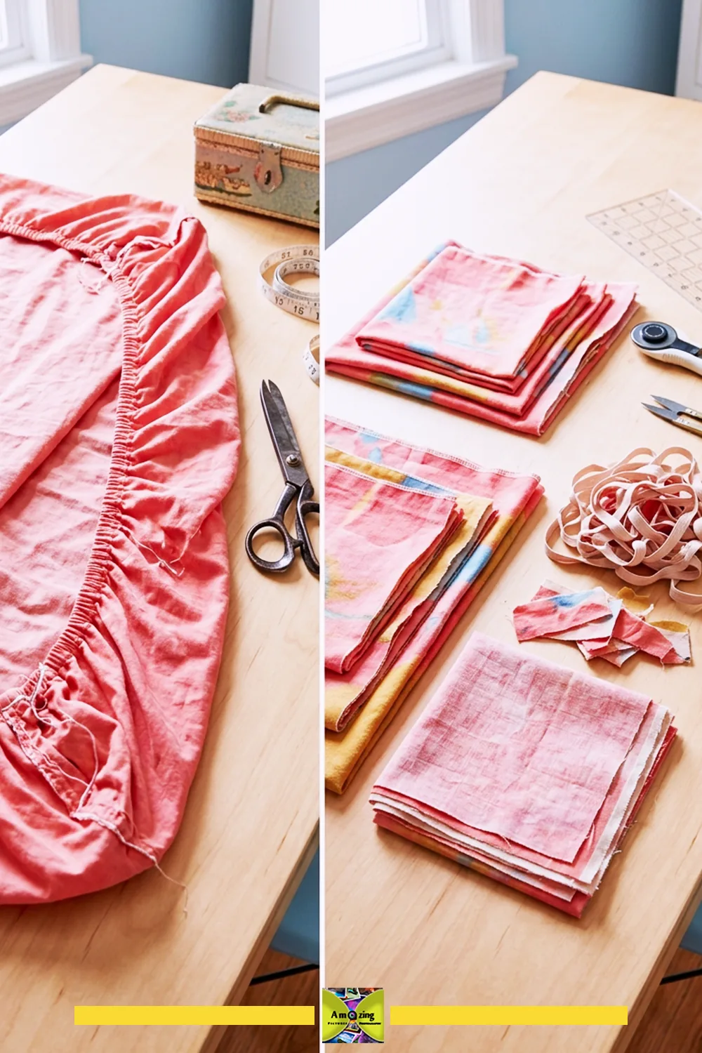 Side-by-side view of a pink fitted sheet before and after being cut into neatly stacked fabric squares.