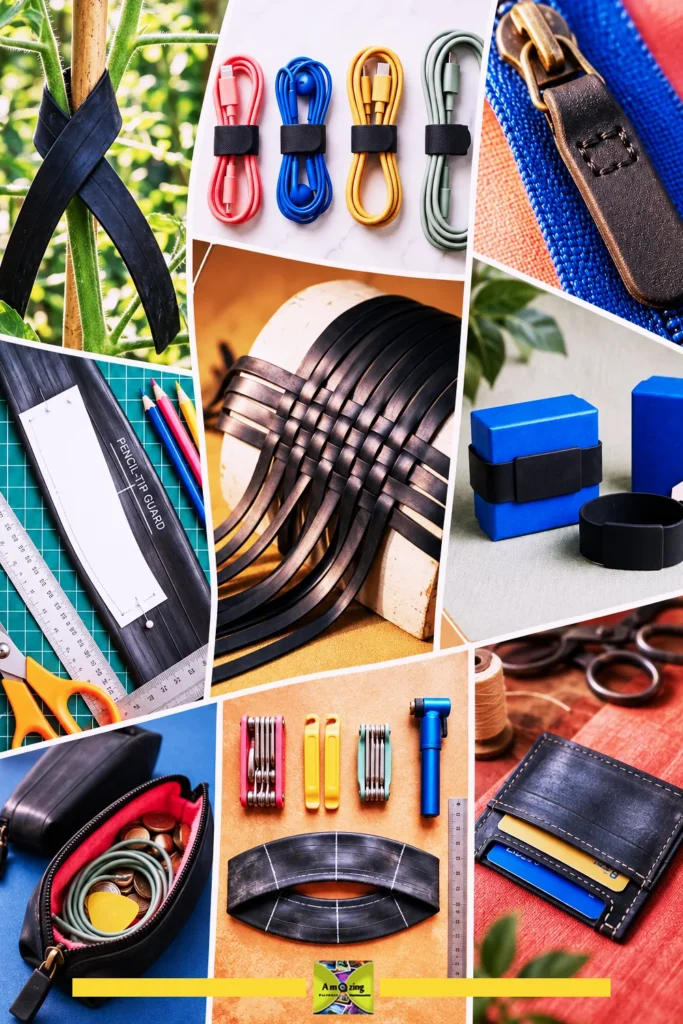 Collage of handmade crafts and accessories created from upcycled bike inner tubes.