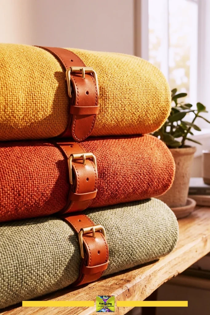 Stack of yellow, orange, and green wool blankets secured with brown leather straps on a wooden table