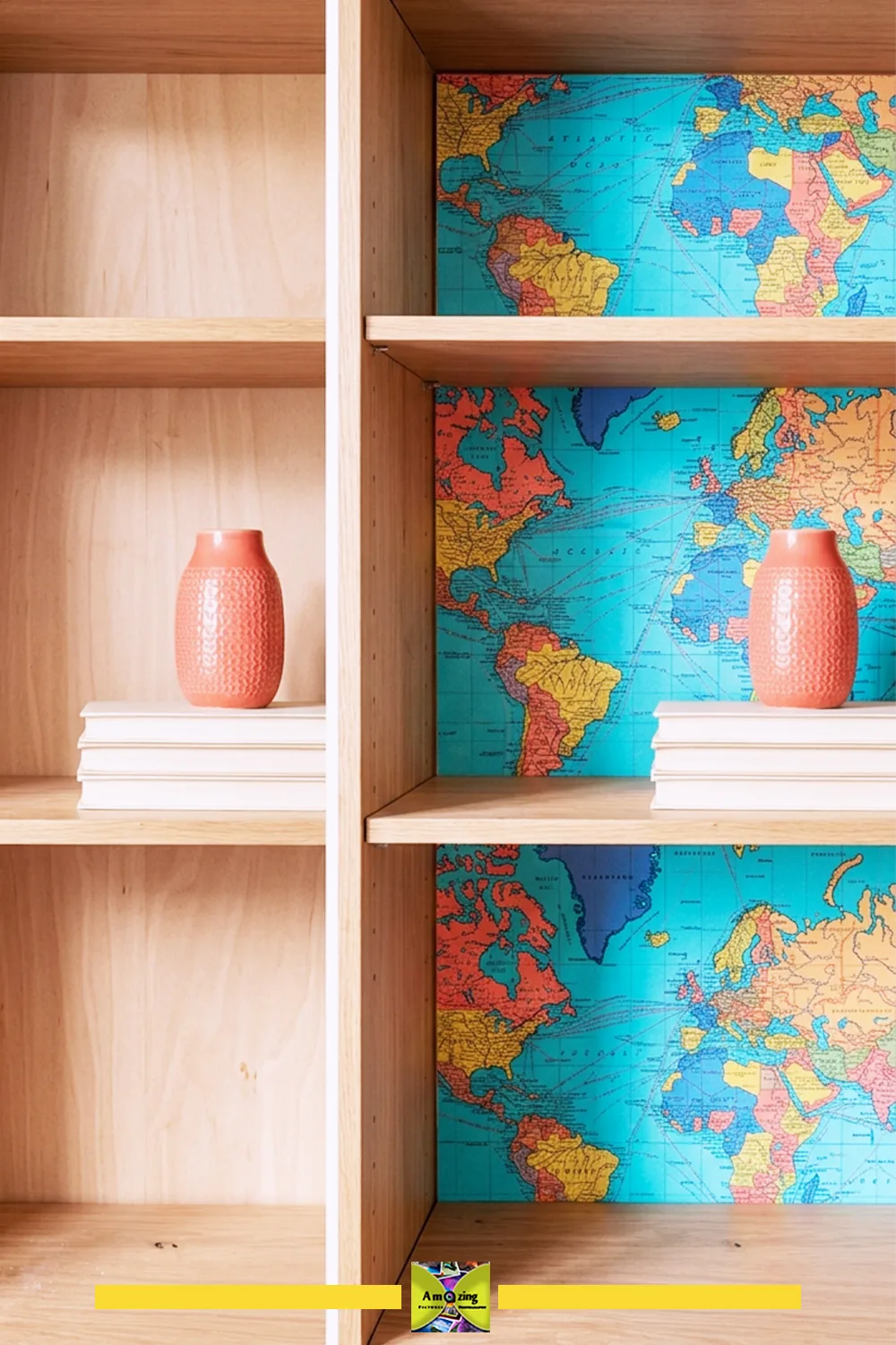 Side-by-side bookcase views with plain and colorful map backings.