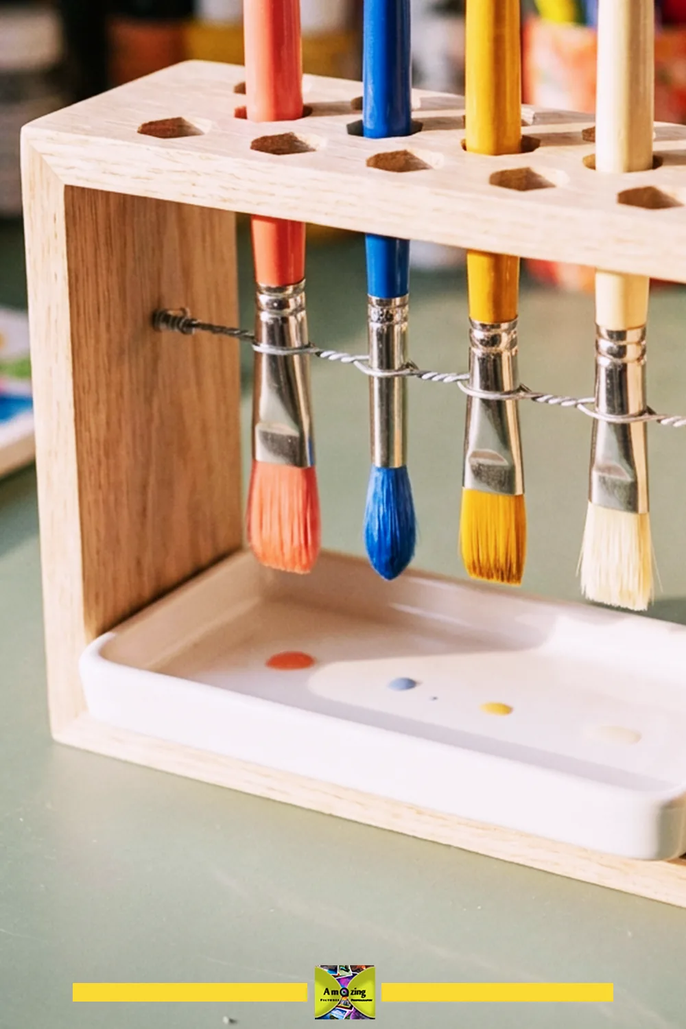 Wooden Brush Drying Rack with Paintbrushes