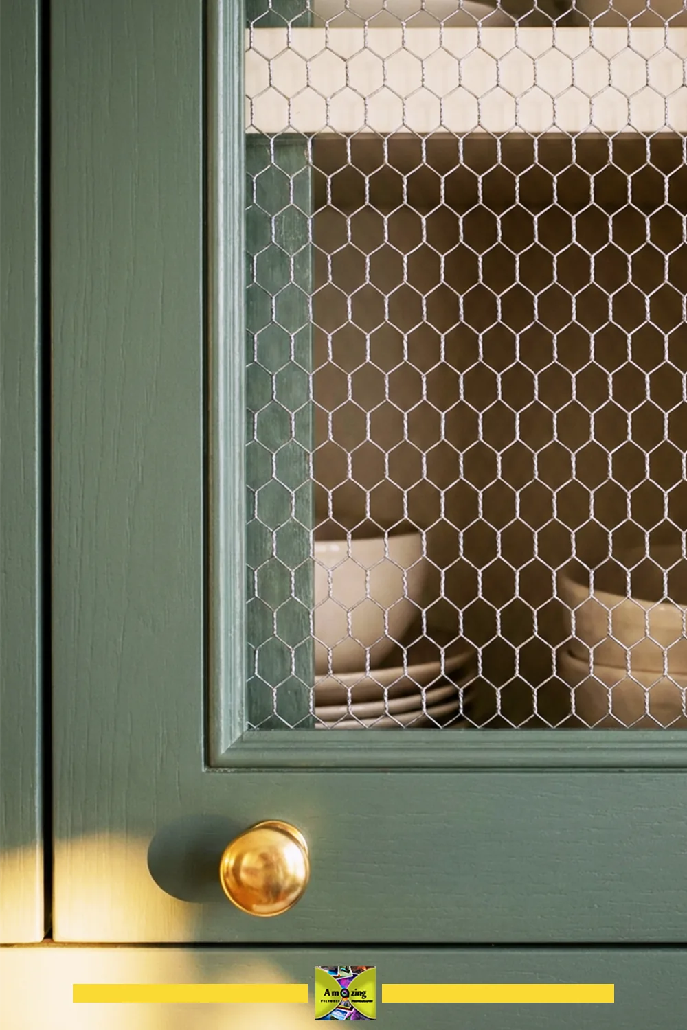 Green Cabinet Door with Mesh Insert and Brass Knob
