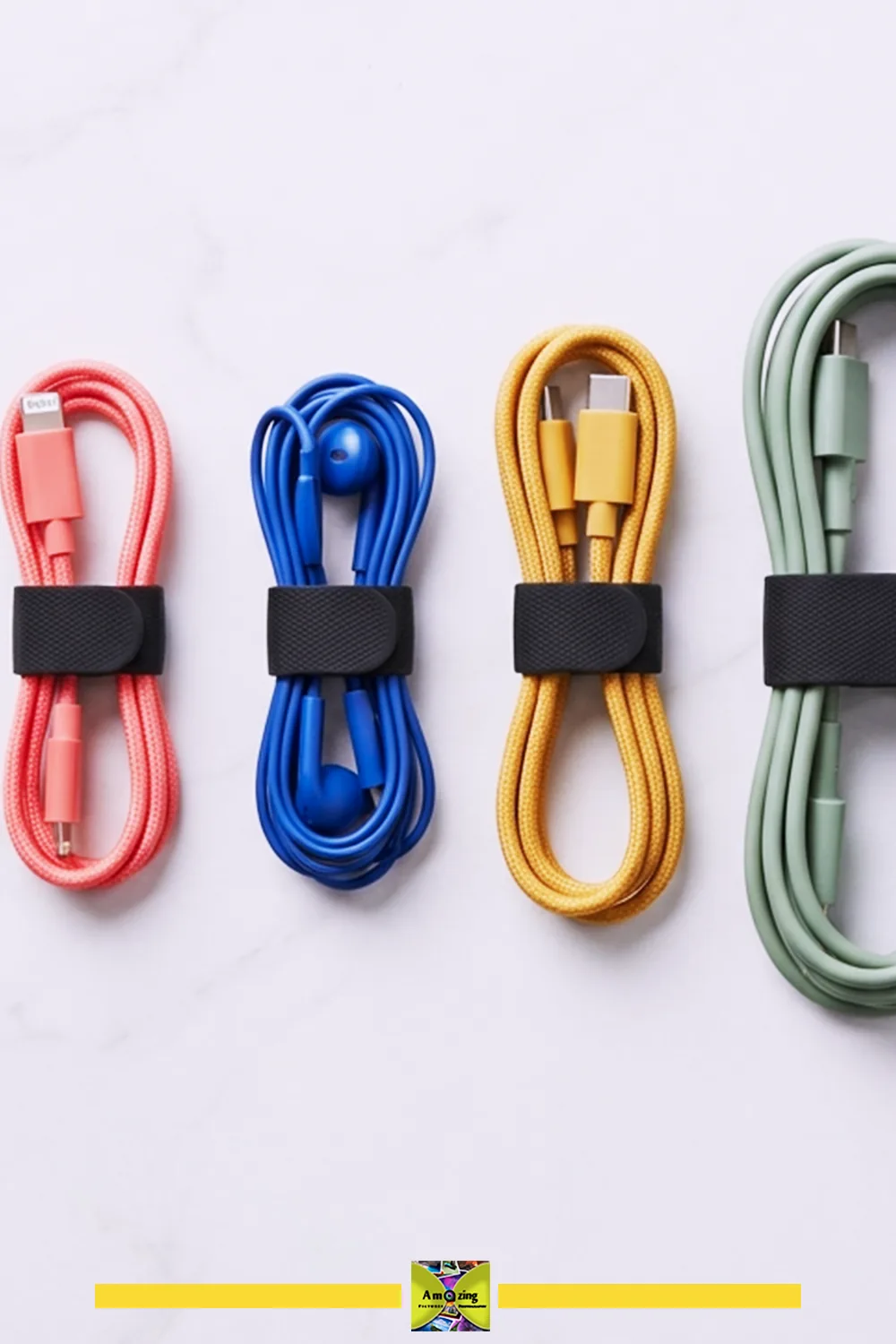 Several black rubber cable-keeper bands shown beside the coiled cords they fit