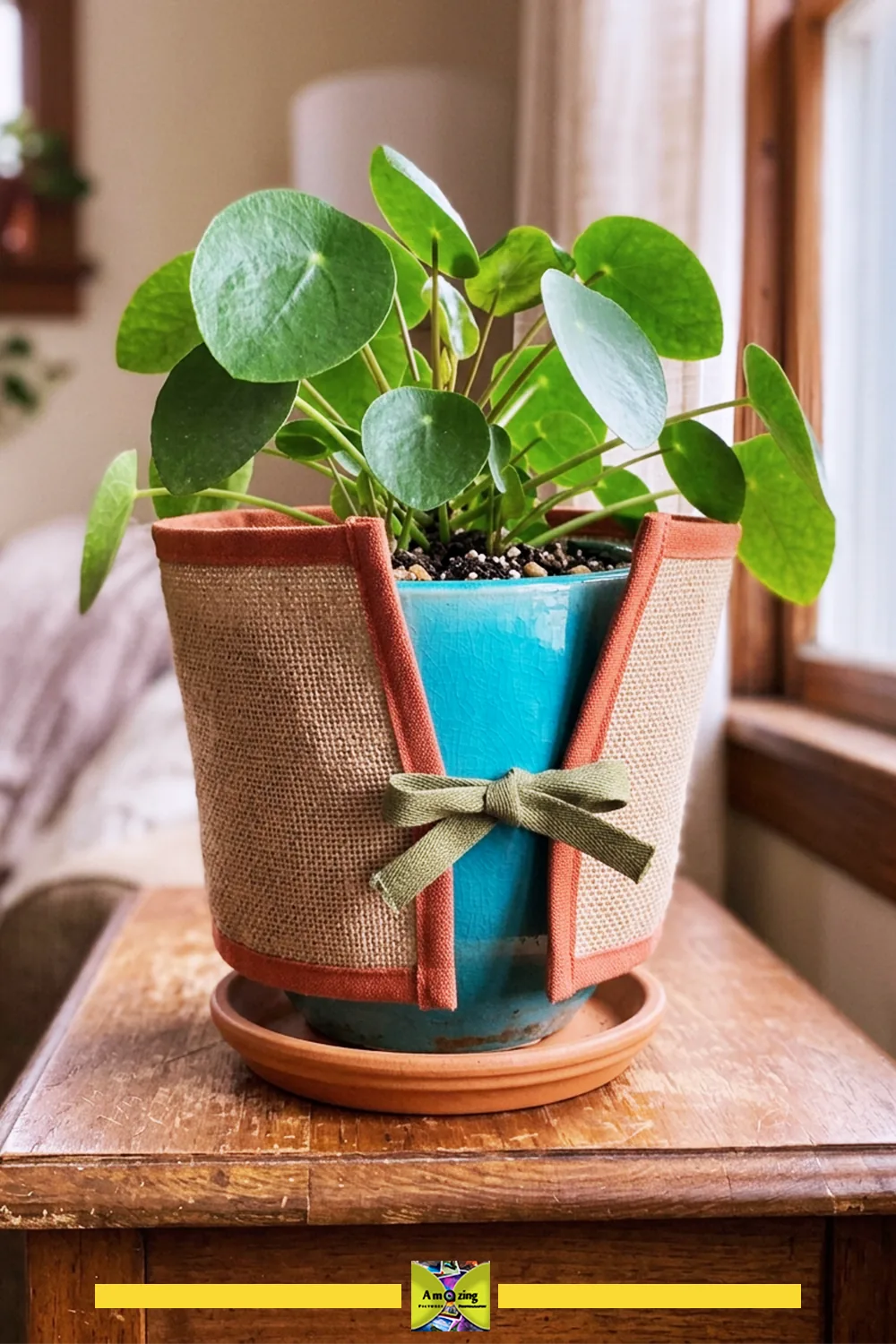 Blue planter with pilea plant in a burlap and fabric cachepot sleeve on a wooden table