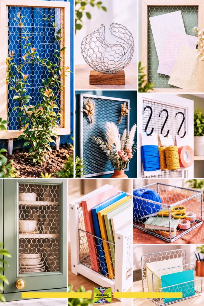 Collage of DIY crafts using chicken wire, including organizers, decor, and storage solutions.