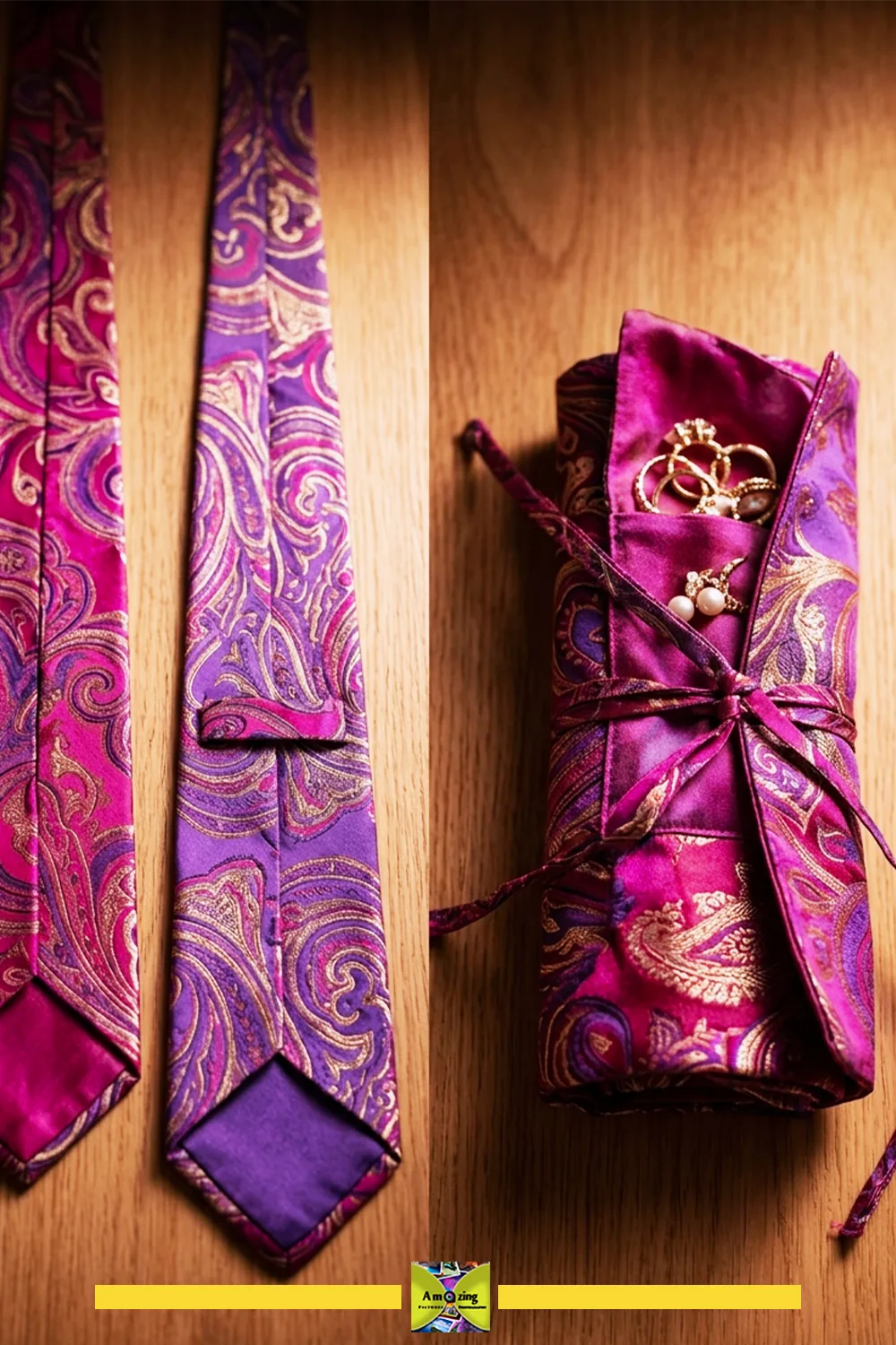 Opened neckties beside the rolled loaded compact travel jewelry roll