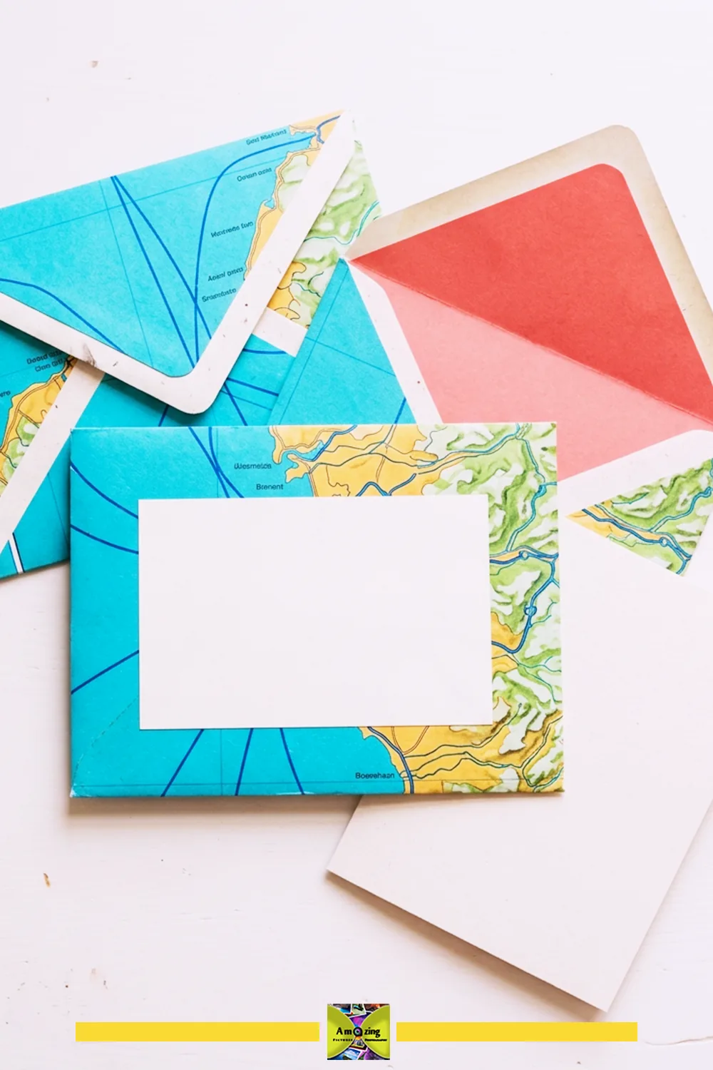 Coordinated map-paper envelopes and cards with plain address panels.