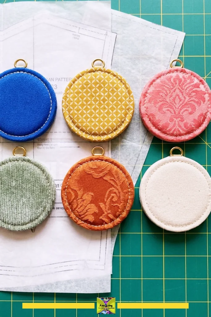 Six colorful round fabric sewing pattern weights on a green cutting mat with pattern paper underneath.