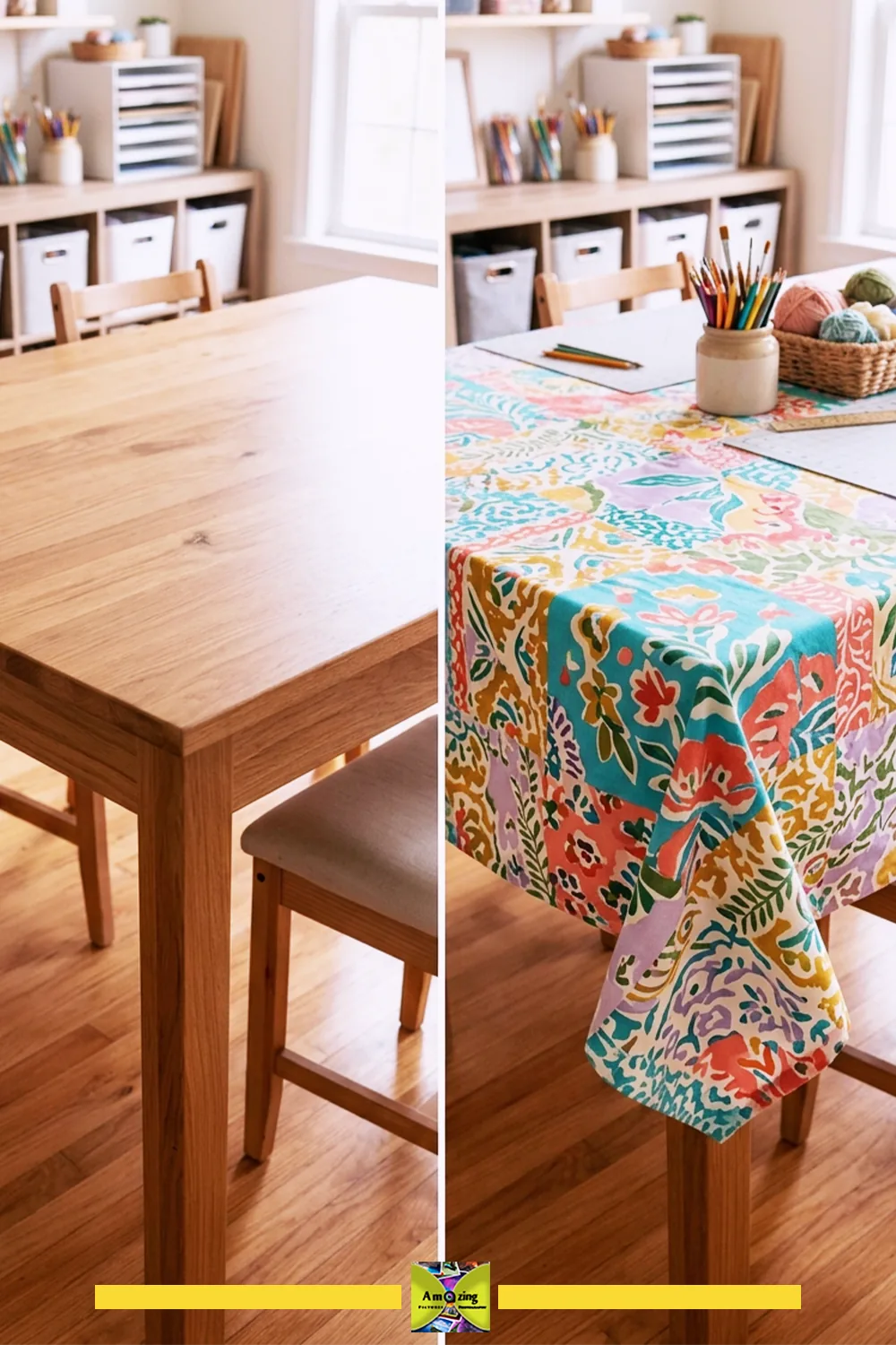 Side-by-side view of a plain wooden craft table and the same table covered with a colorful patterned tablecloth