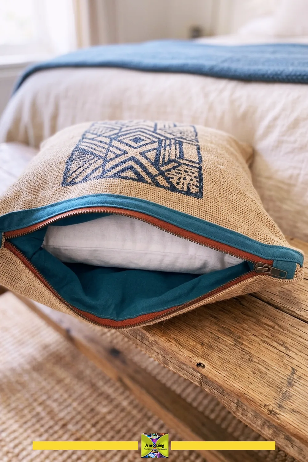 Close-up of a decorative cushion cover with a zipper and teal lining, partially unzipped to show the pillow inside.