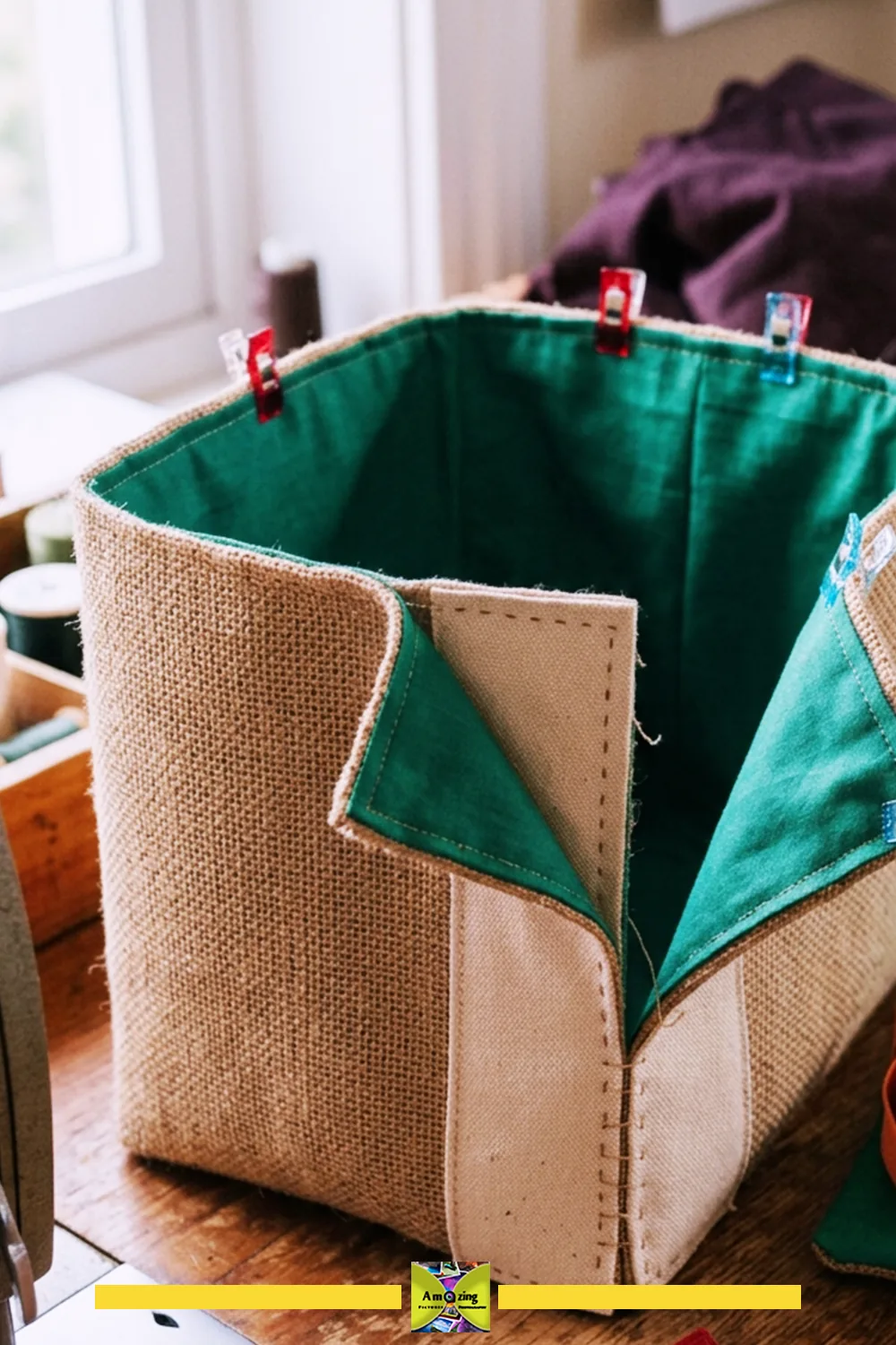 Handmade fabric desktop basket with green lining, corners being reinforced with clips