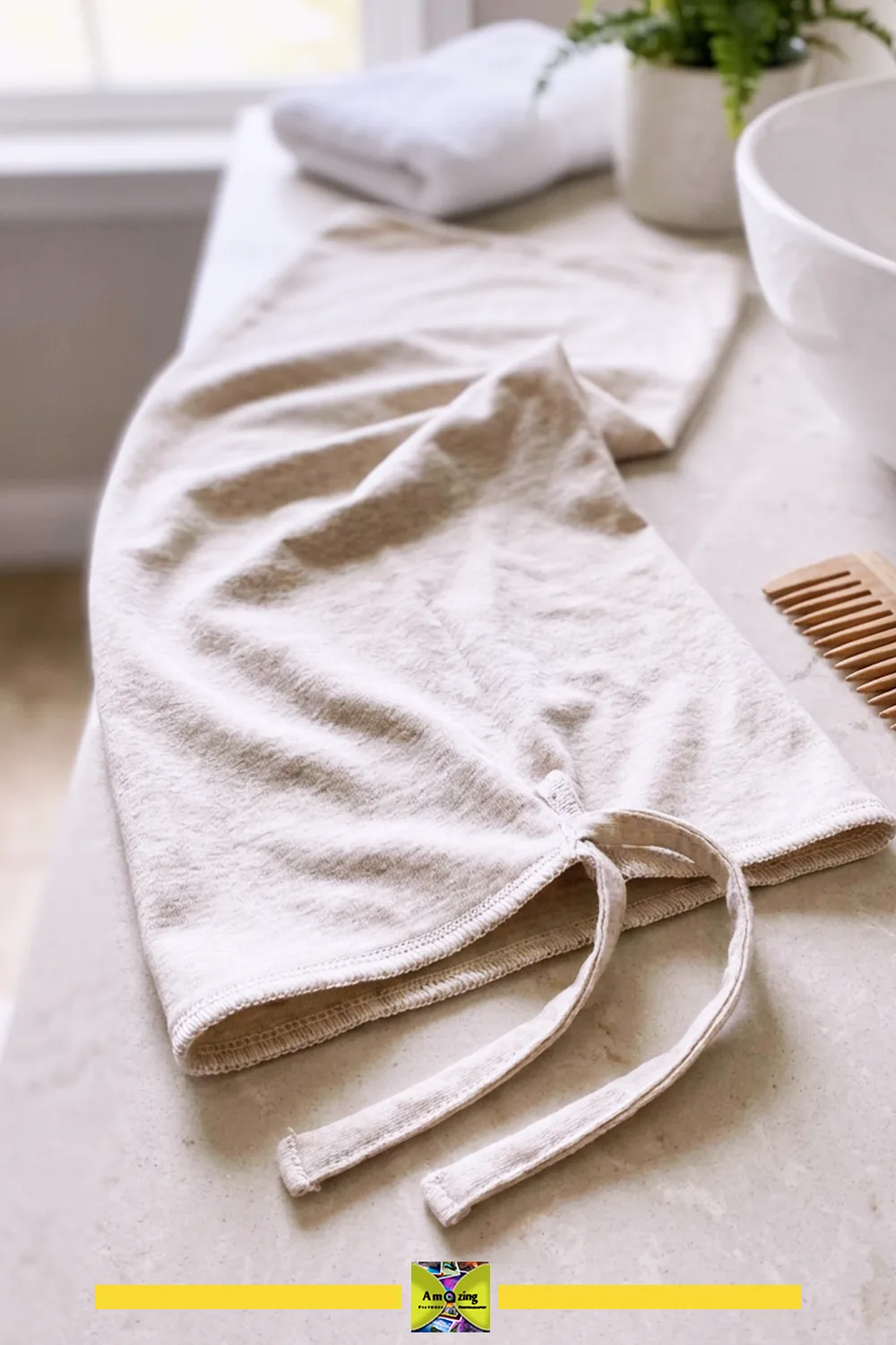 Beige cotton hair wrap with tie, made from a repurposed t-shirt, on a bathroom counter