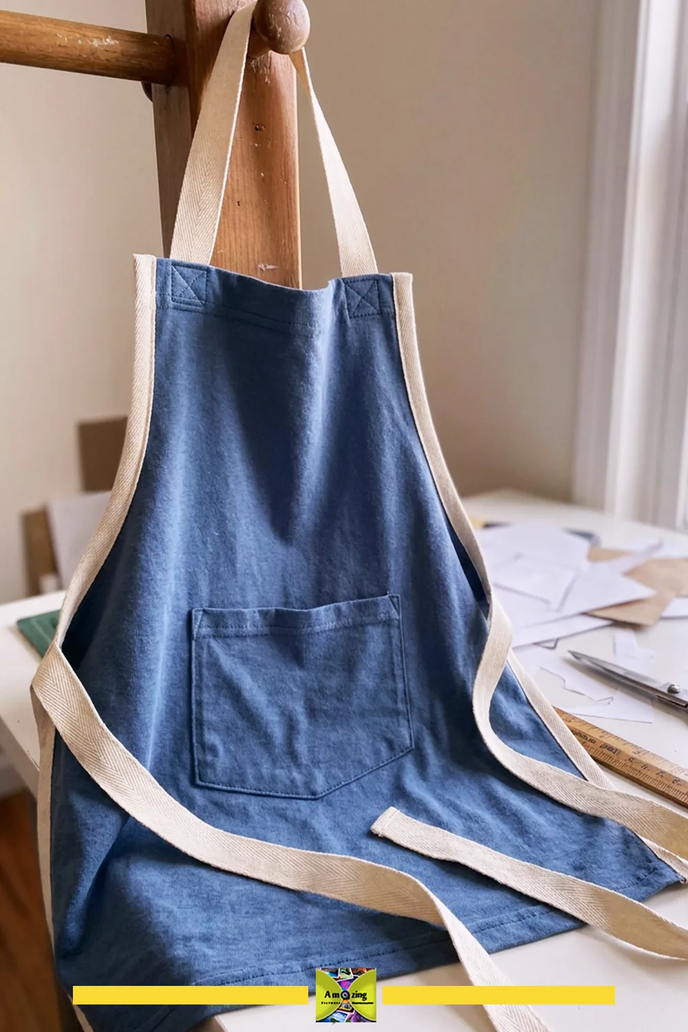 Blue craft apron with beige straps hanging on a wooden stand, pocket on the front