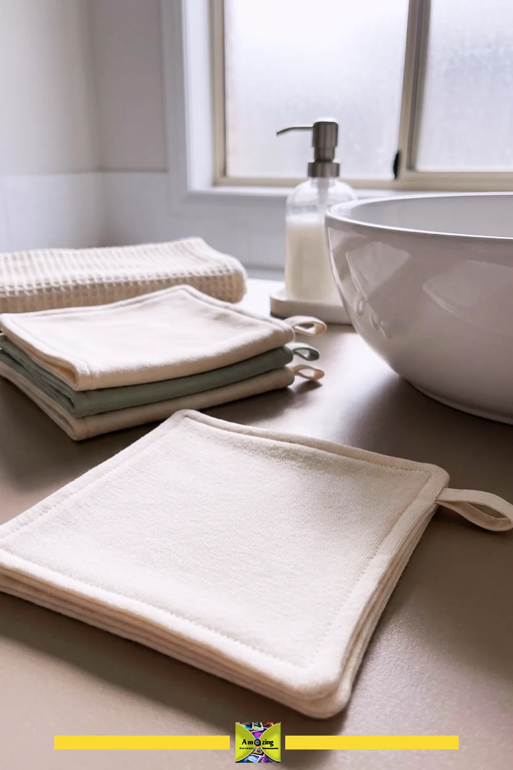 Stack of homemade reusable face cloths on a bathroom counter near a sink and soap dispenser.