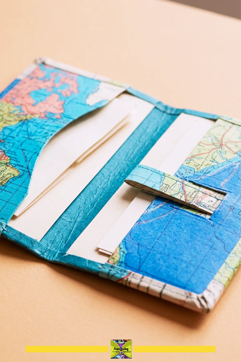 Open map-covered document wallet showing its hinge and closure.