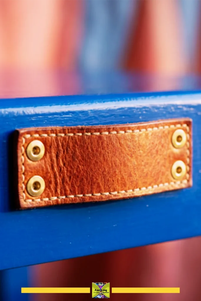 Close-up of a brown leather drawer pull with brass rivets on a blue painted cabinet