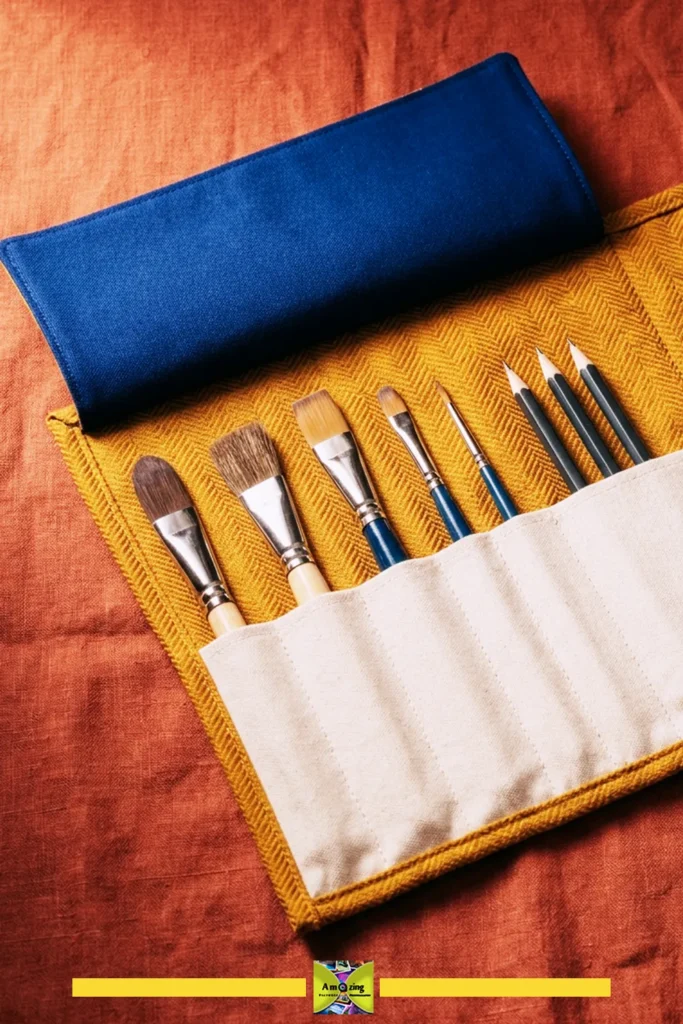 A fabric roll-up case holding paintbrushes and pencils with a blue protective flap on a textured surface.