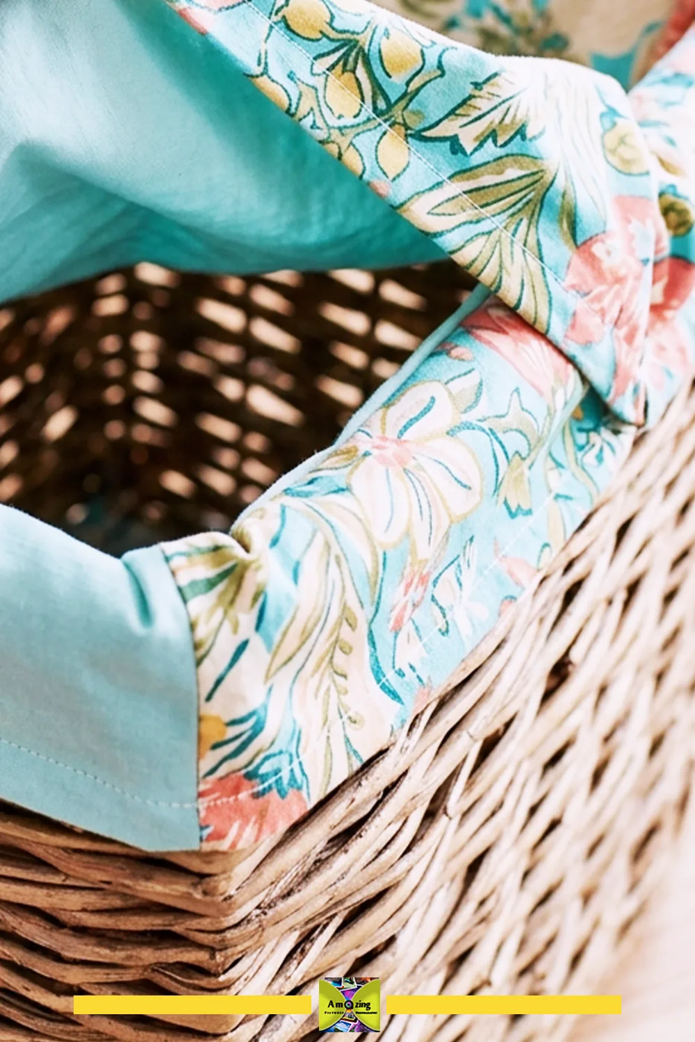 Close-up of a woven storage basket with a colorful floral fabric liner