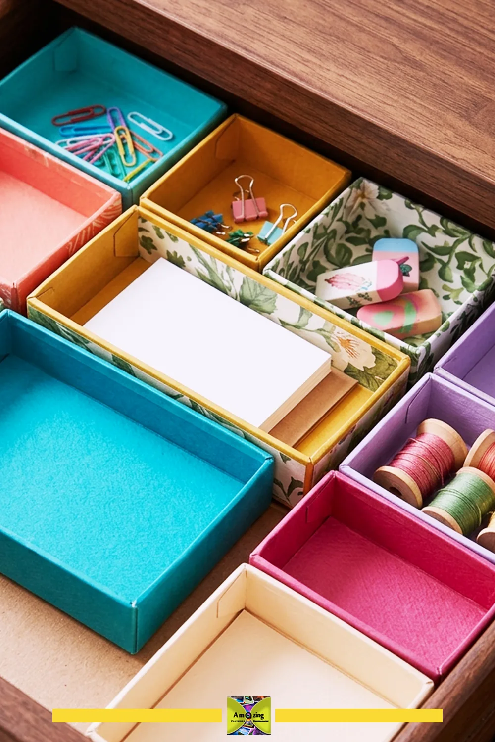 Fitted drawer sorting trays made from repurposed greeting cards